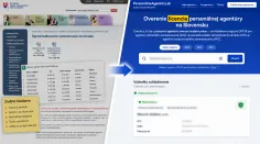 Porovnanie overenia licencie personálnej agentúry: oficiálny register ÚPSVR vľavo a vyhľadávanie podľa IČO na portáli PersonálneAgentúry.sk vpravo