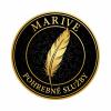 Kruhové logo pohrebnej služby MARIVE s textom „MARIVE POHREBNÉ SLUŽBY“ a zlatým pierkom v strede na čiernom pozadí s jemným vzorom listov.
